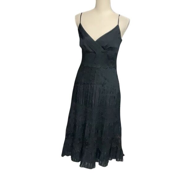 Ann Taylor Silk Cotton Midi Dress Spaghetti Straps Navy Side Zip Pleats Size 0 - Picture 1 of 7